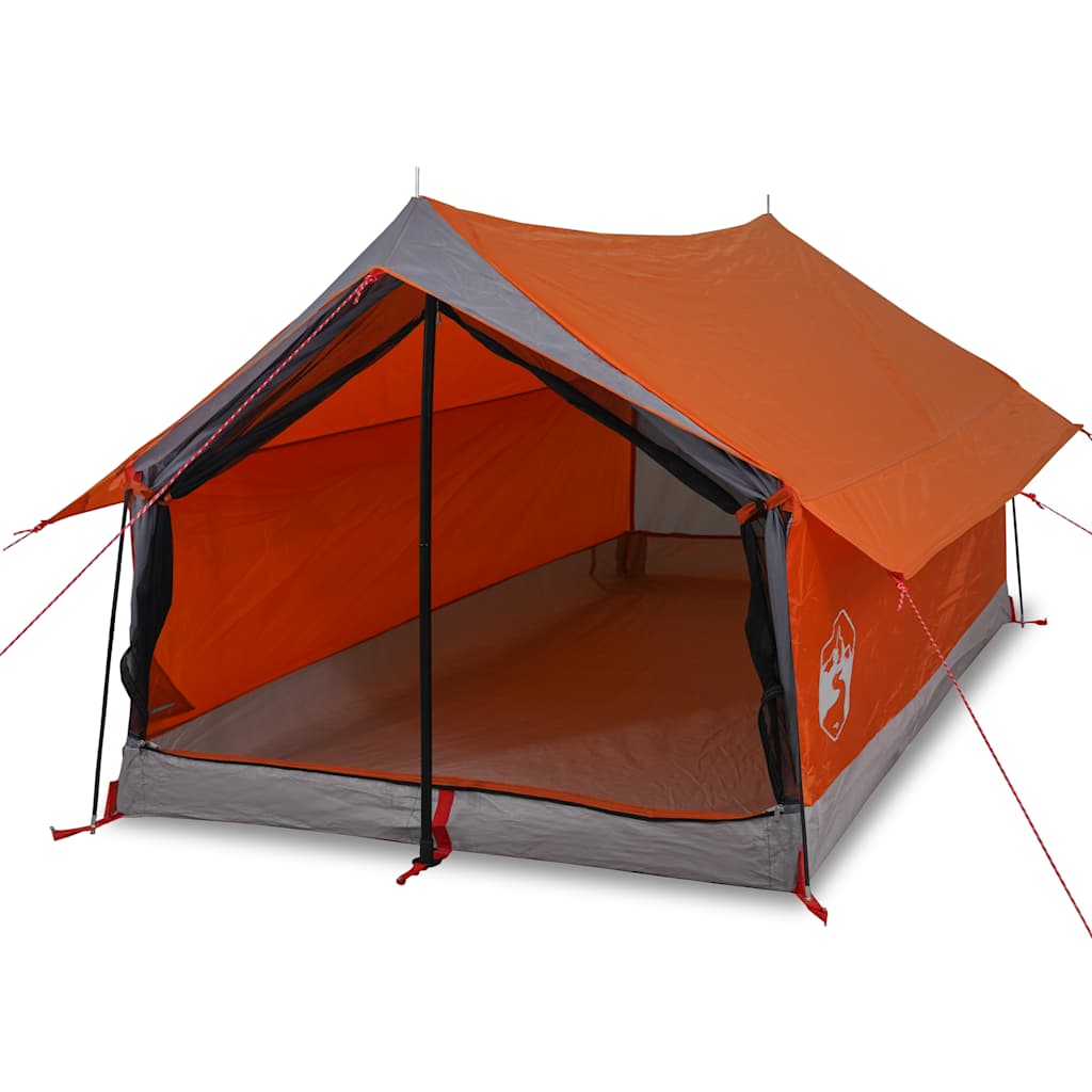 Detail van de vidaXL 2-persoons tent met grijze en oranje kleuren, zijaanzicht van de ingang.