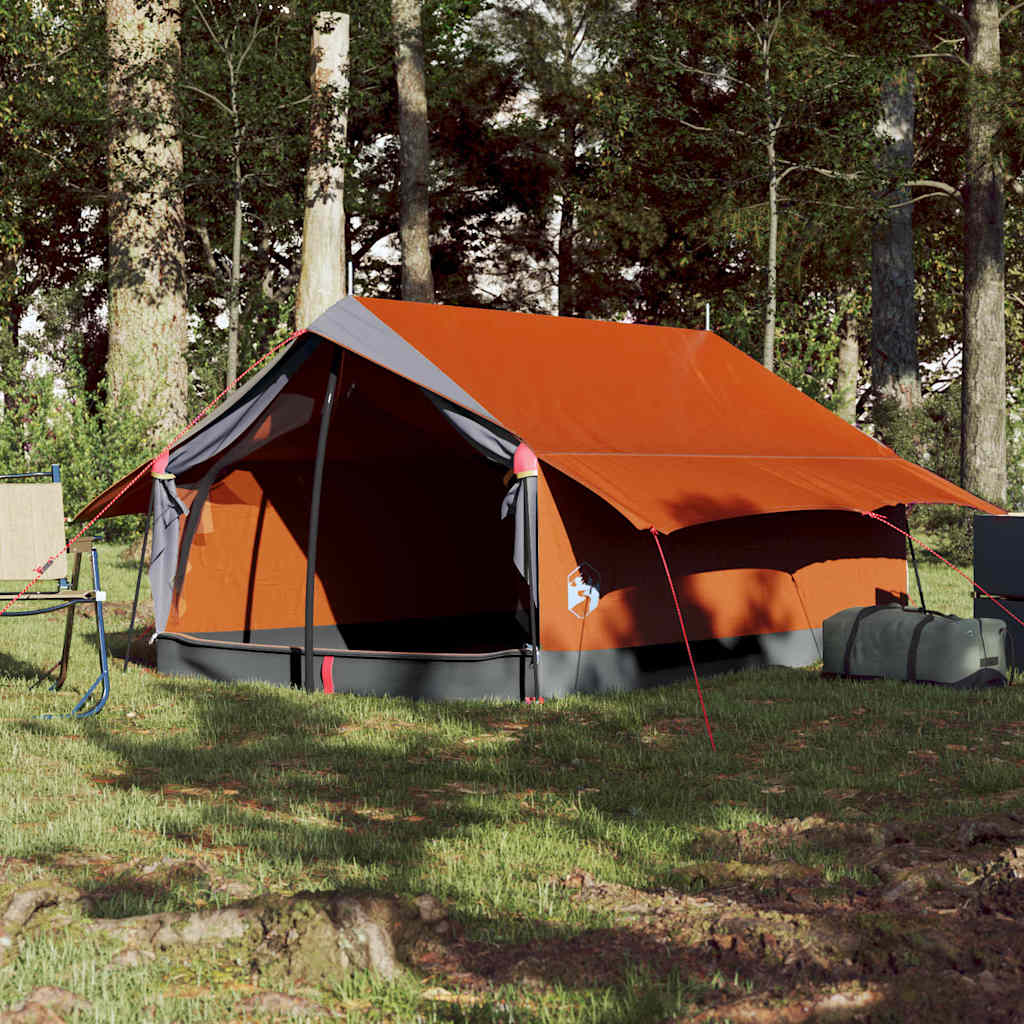 Zijaanzicht van de vidaXL 2-persoons tent in grijs en oranje, opgesteld in een bosrijke omgeving.