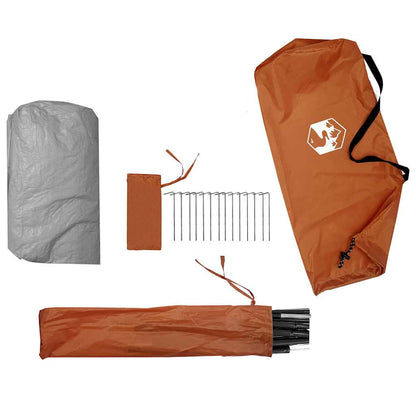 Detail van de grijs en oranje vidaXL tent met stokken en haringen.