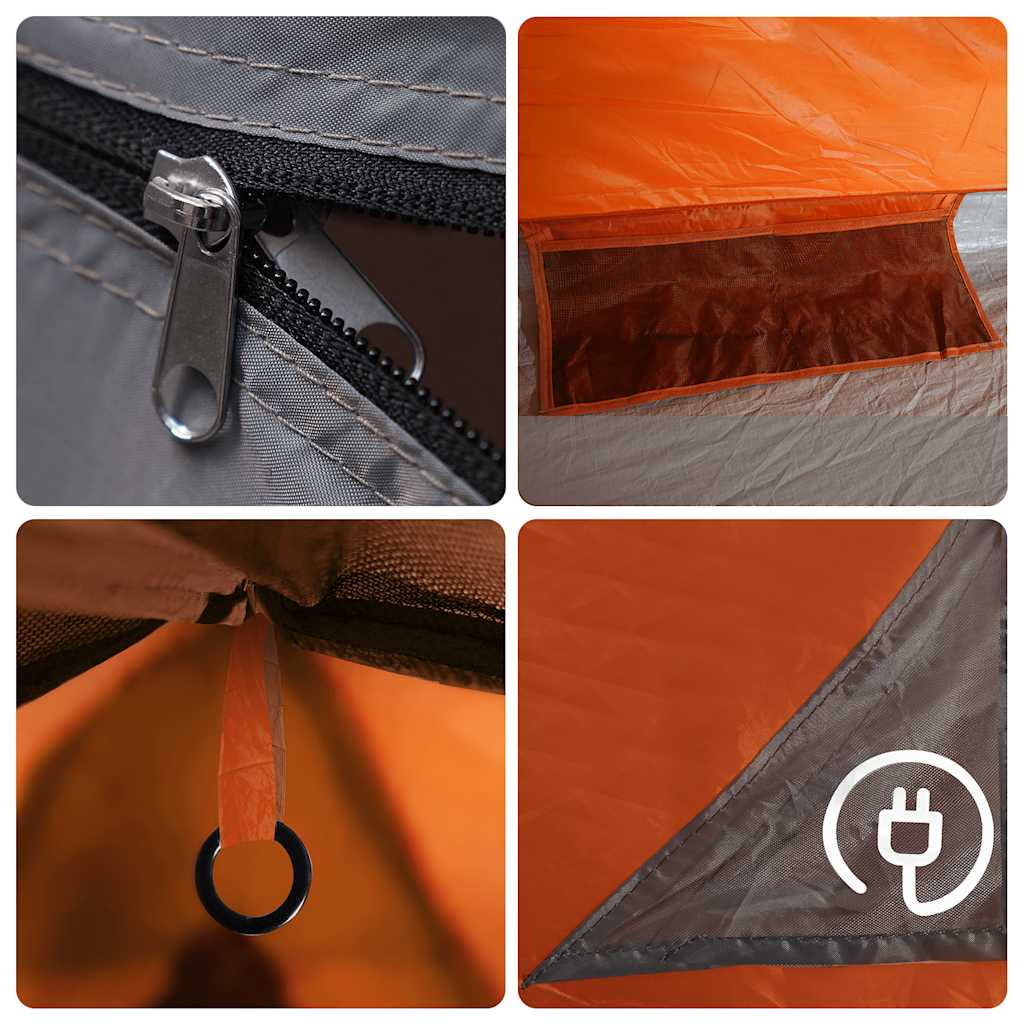Detail van de grijze tent van vidaXL met oranje rits en ventilatierooster.