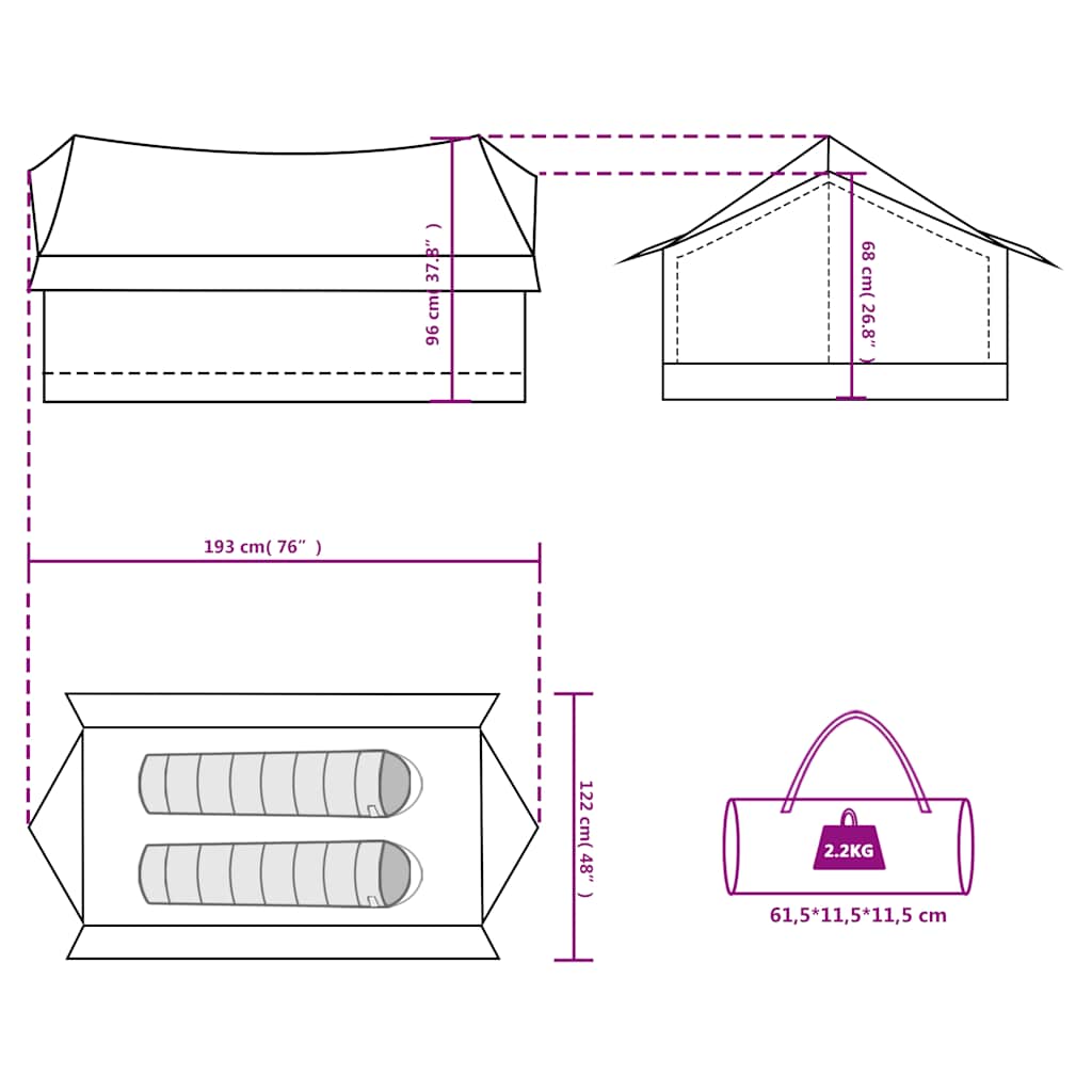 Detail van de afmetingen en indeling van de vidaXL 2-persoons tent, inclusief slaapruimte en opbergtas.