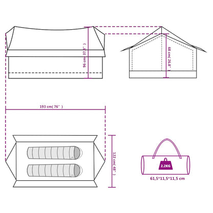 Detail van de afmetingen en indeling van de vidaXL 2-persoons tent, inclusief slaapruimte en opbergtas.