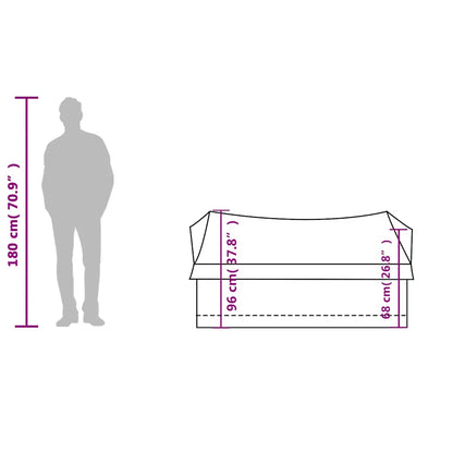 Detail van de tent met afmetingen en een silhouet van een persoon voor schaal.