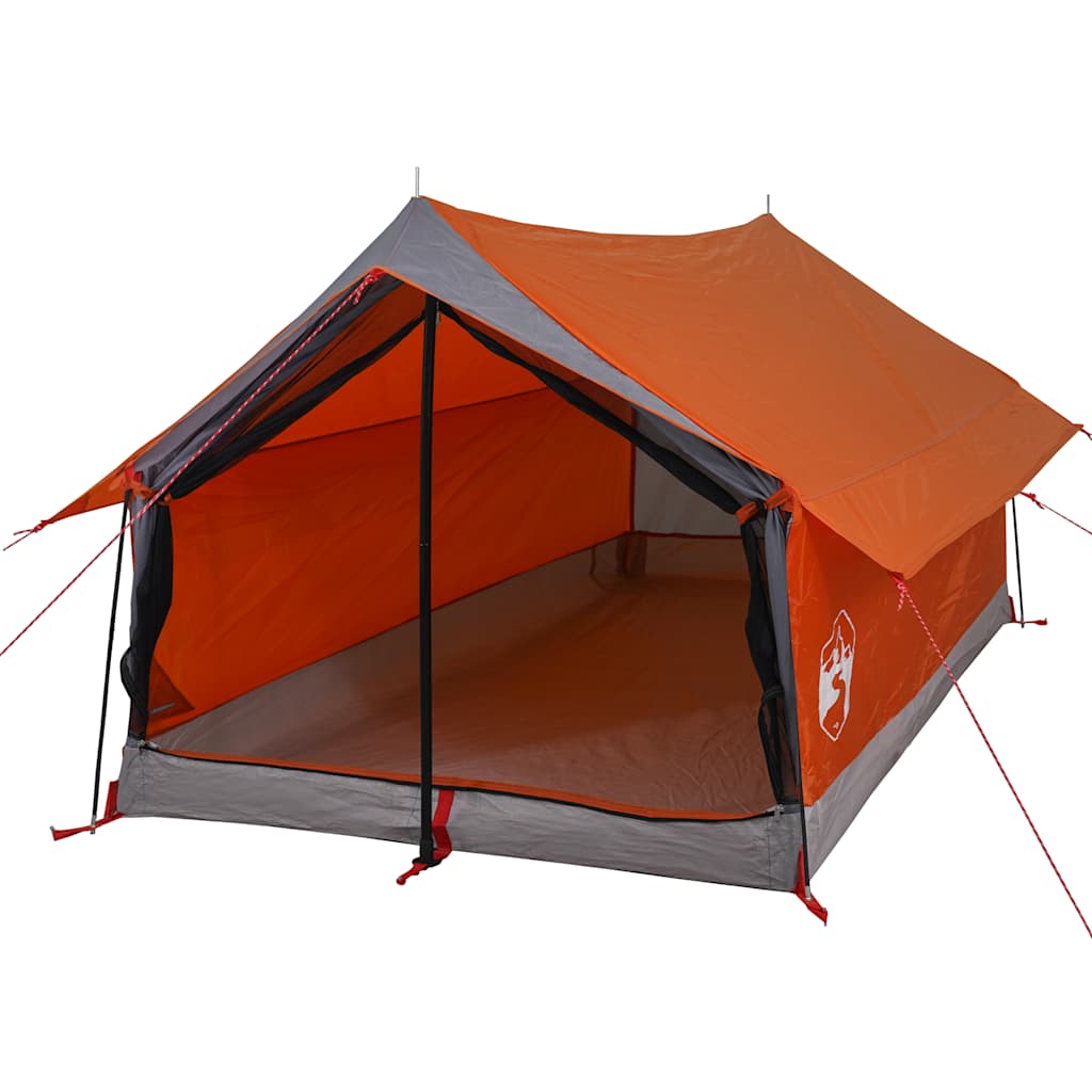 Detail van de vidaXL 2-persoons tent met grijs en oranje kleur, open ingang en ventilatie.