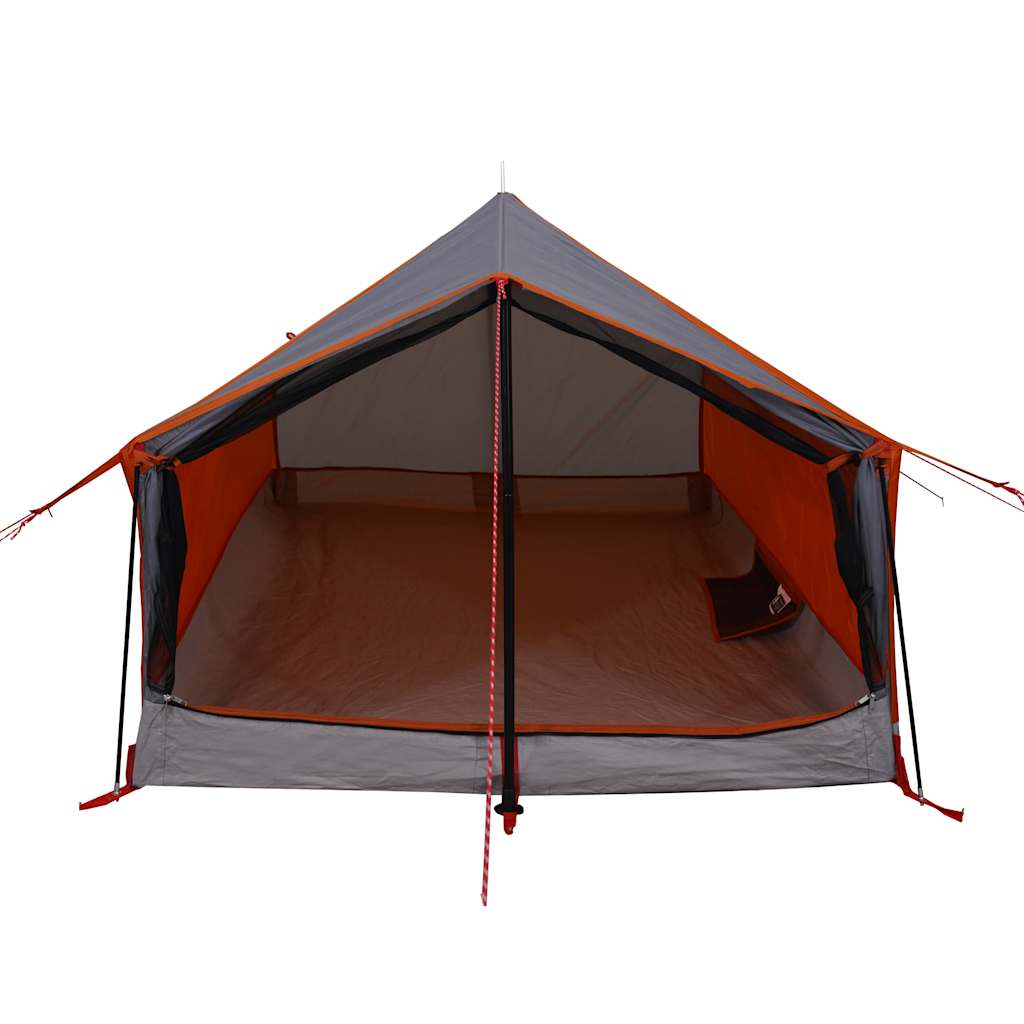 Detail van de vidaXL 2-persoons tent met grijs en oranje kleur, zijaanzicht van de ingang.