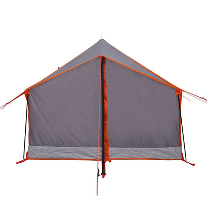Zijaanzicht van de vidaXL 2-persoons tent in grijs met oranje details.