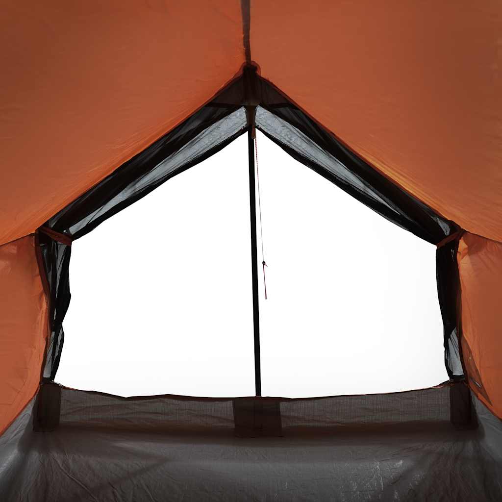Detail van de grijze en oranje vidaXL tent met ventilatierooster en insectengaas.