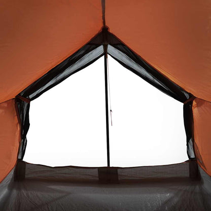 Detail van de grijze en oranje vidaXL tent met ventilatierooster en insectengaas.