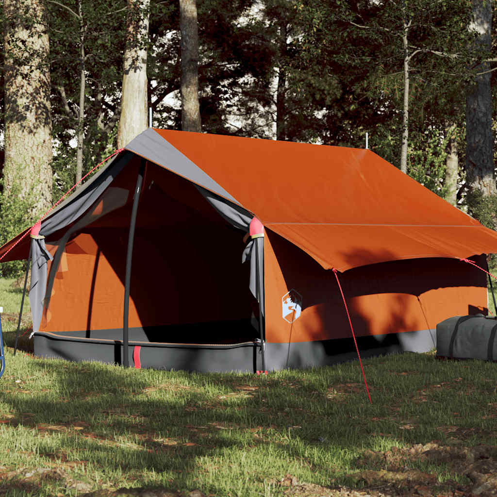 Grijze en oranje vidaXL 2-persoons tent met open ingang in een groene omgeving.