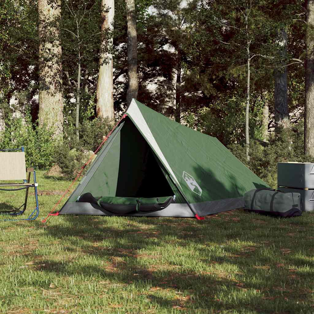 Detail van de groene vidaXL tent voor 2 personen, zijaanzicht met open ingang.