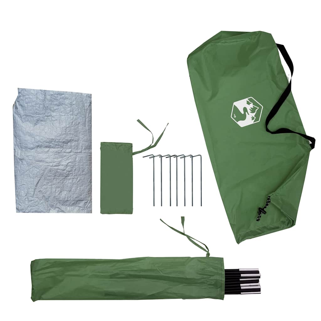 Detail van de groene vidaXL tent met stokken, haringen en beschermzeil.