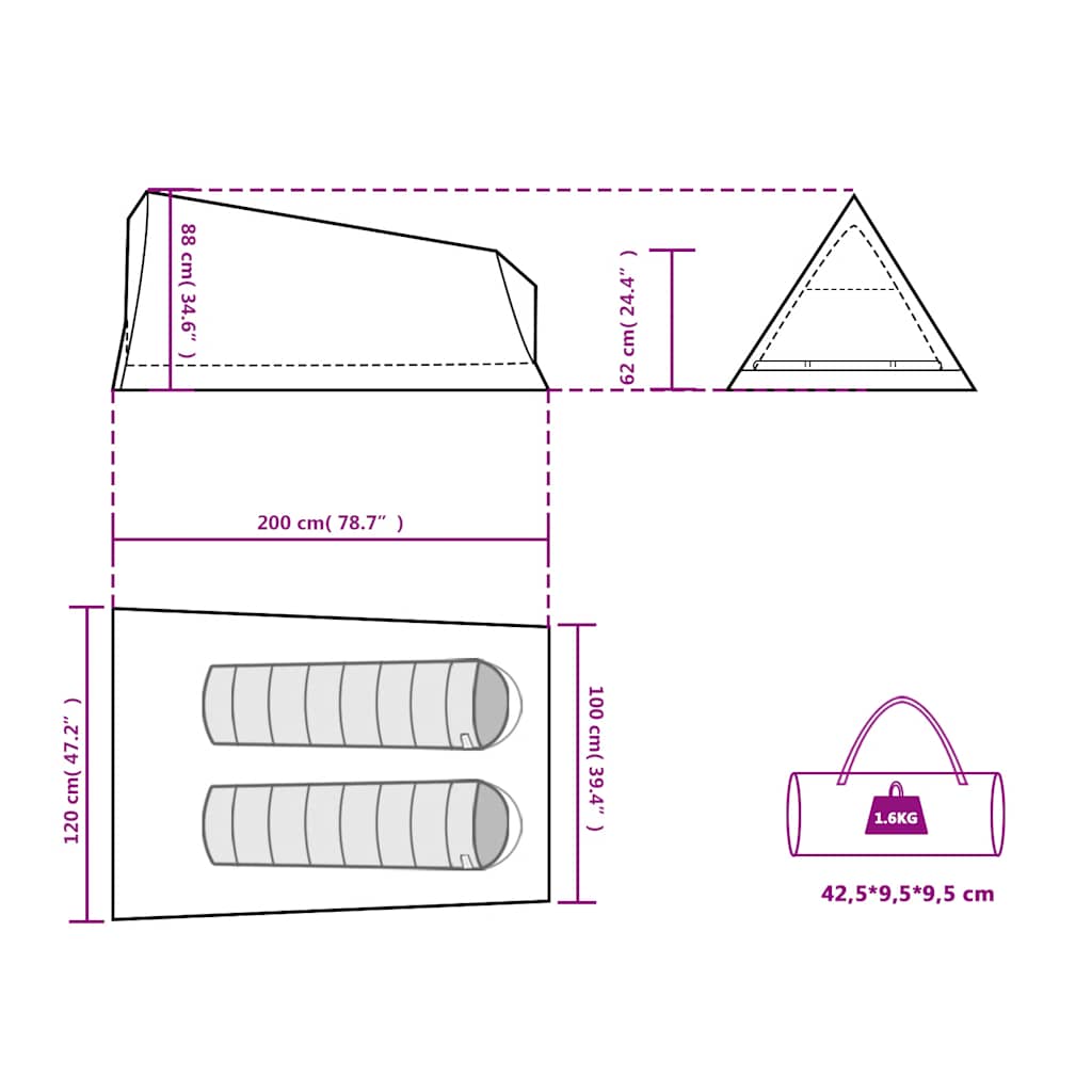Detail van de tent vidaXL 2-persoons met afmetingen en opzetinstructies in groen.