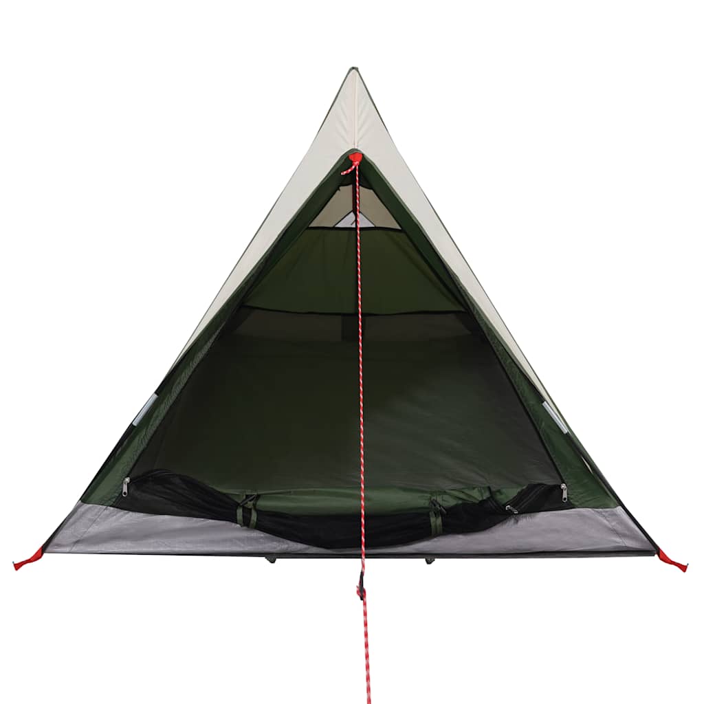 Detail van de groene vidaXL 2-persoons tent met open ingang en gaaswanden.