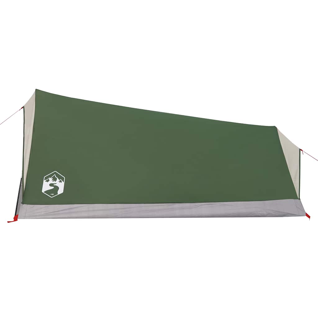 Detail van de groene vidaXL 2-persoons tent met waterdichte bovenkant en logo.