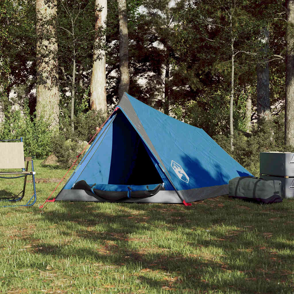 Zijaanzicht van de vidaXL 2-persoons waterdichte tent in blauw, geplaatst op gras.