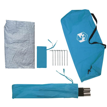 Detail van de vidaXL 2-persoons tent in blauw met tentstokken en haringen.
