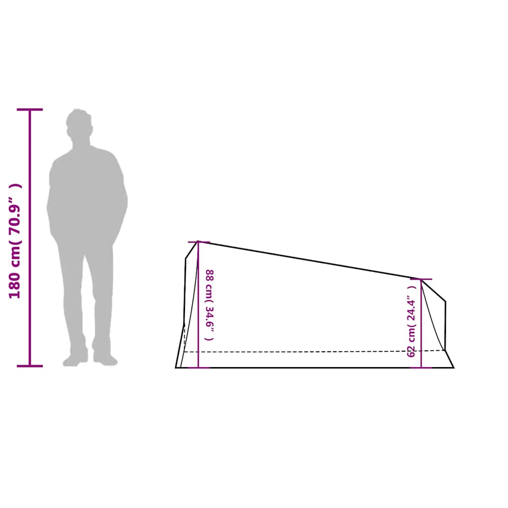 Afmetingen van de vidaXL 2-persoons tent met hoogte en zijaanzicht.
