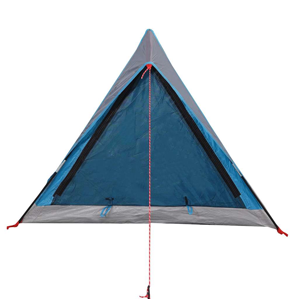 Detail van de tent vidaXL 2-persoons, met waterdichte blauwe en grijze stof en ventilatieroosters.