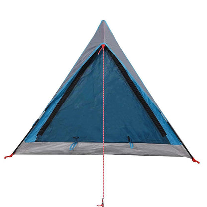 Detail van de tent vidaXL 2-persoons, met waterdichte blauwe en grijze stof en ventilatieroosters.