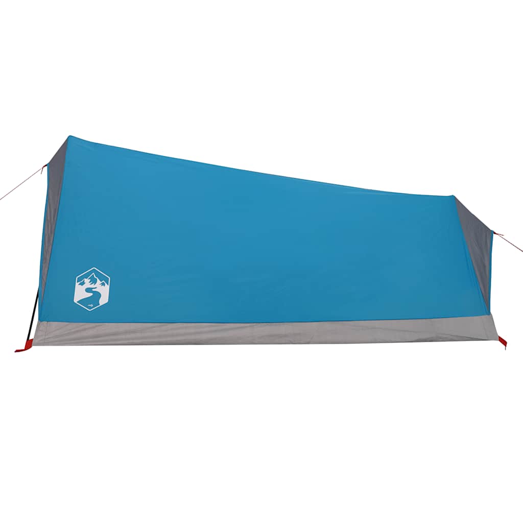 Zijaanzicht van de waterdichte vidaXL tent in blauw met grijze onderrand.