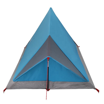Detail van de tent vidaXL 2-persoons in blauw, met een scherp, puntig dak en grijze onderrand.