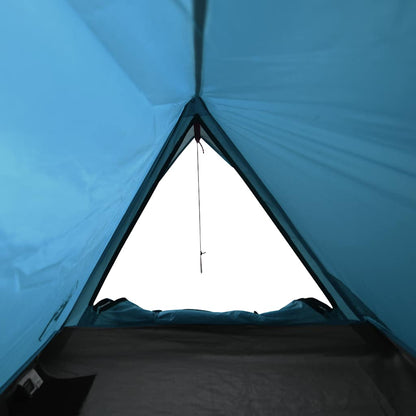 Zicht op de binnenkant van de vidaXL 2-persoons tent met blauwe waterdichte tentdoek.