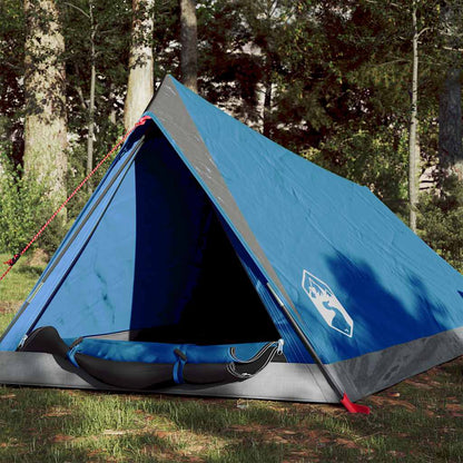 Blauwe vidaXL 2-persoons tent met waterdicht ontwerp en open ingang in het bos.