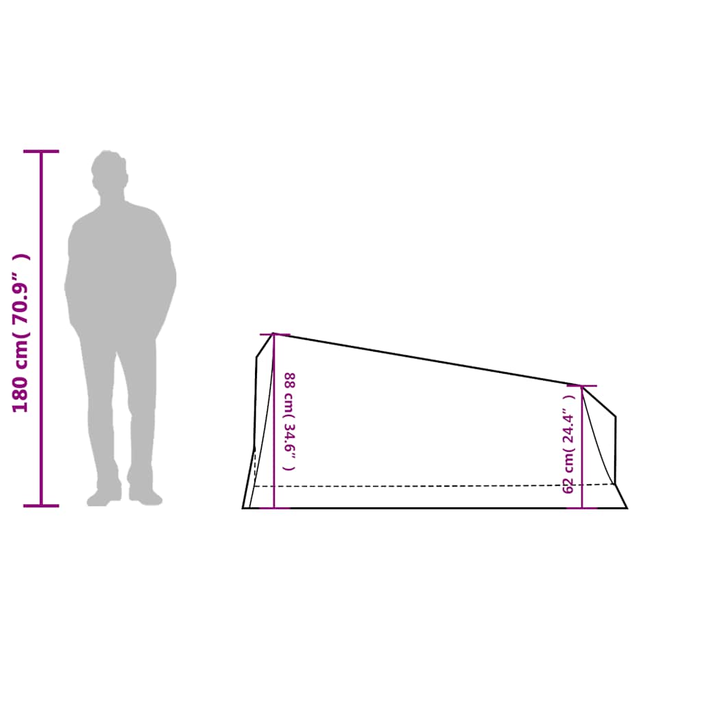 Zijaanzicht van de vidaXL 2-persoons tent met afmetingen en hoogteindicatie.