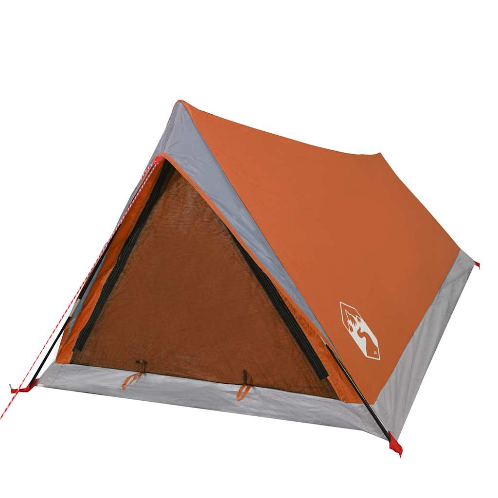 Detail van de vidaXL 2-persoons tent in grijs en oranje, zijaanzicht met waterdichte stof.
