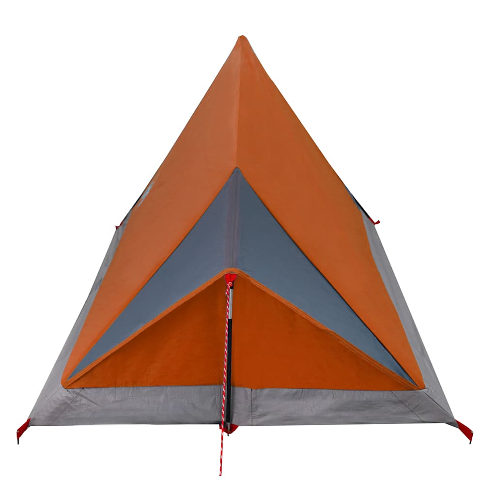 Detail van de tent vidaXL 2-persoons in grijs en oranje, zijaanzicht met scherpe hoeken.