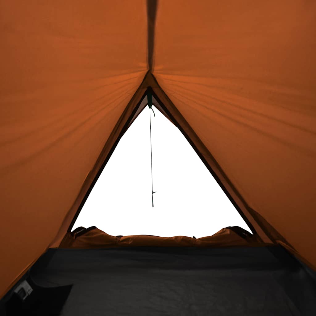 Zijaanzicht van de vidaXL tent met grijze en oranje binnenkant en een open ventilatieopening.