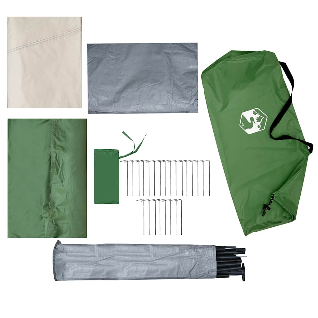 Detail van de accessoires van de vidaXL 3-persoons tent, inclusief stokken en haringen.