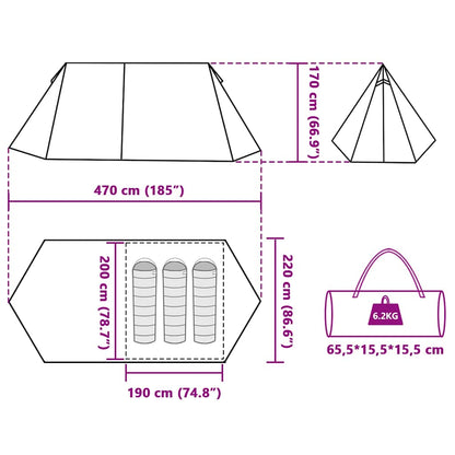 Technische tekening van de vidaXL 3-persoons tent met afmetingen en draagtas.