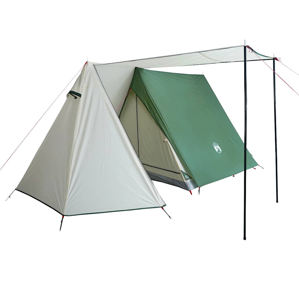 Detail van de vidaXL 3-persoons tent met groene luifel en stevig grondzeil.