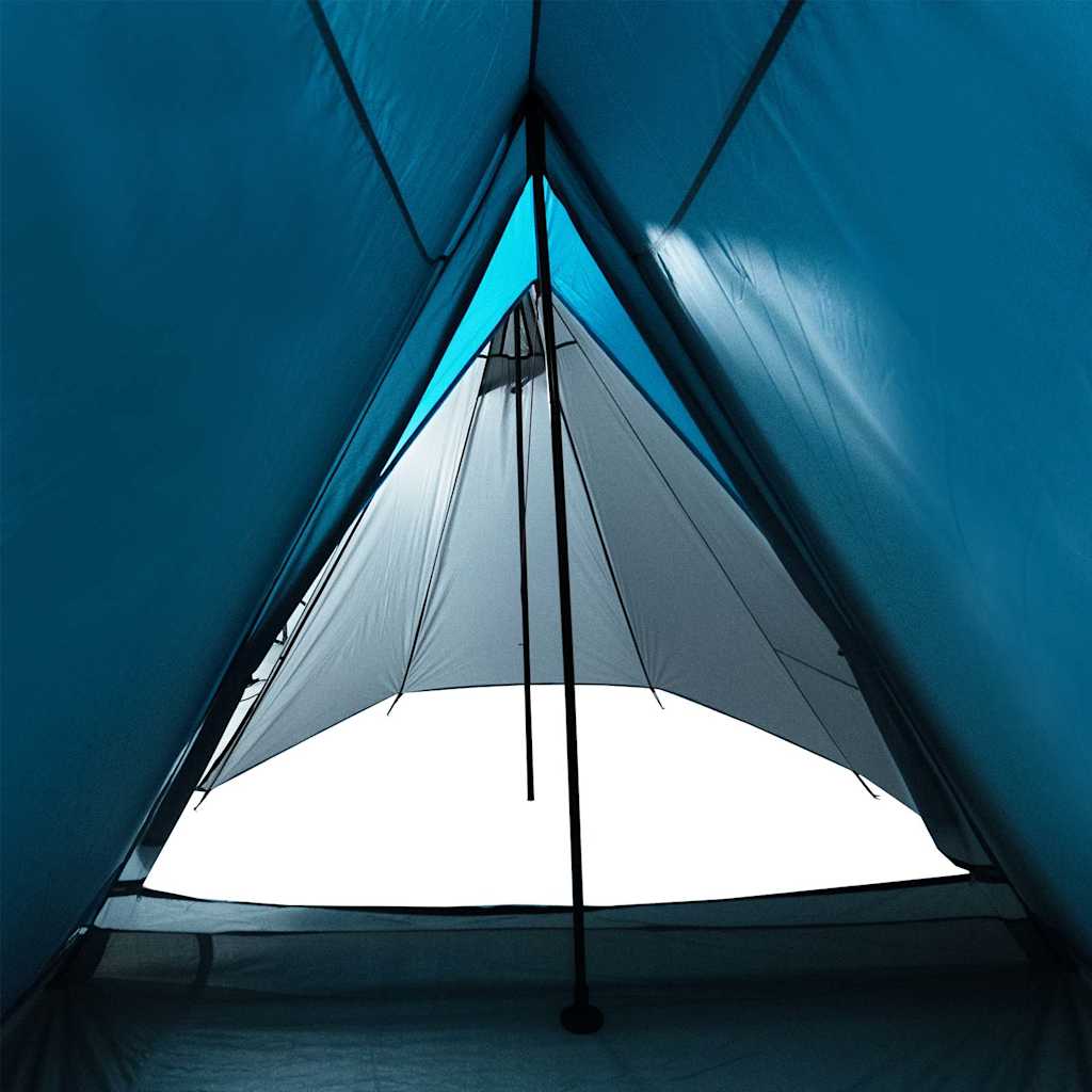 Detail van de binnenkant van de vidaXL 3-persoons tent, met blauw waterdicht doek en tentstok.