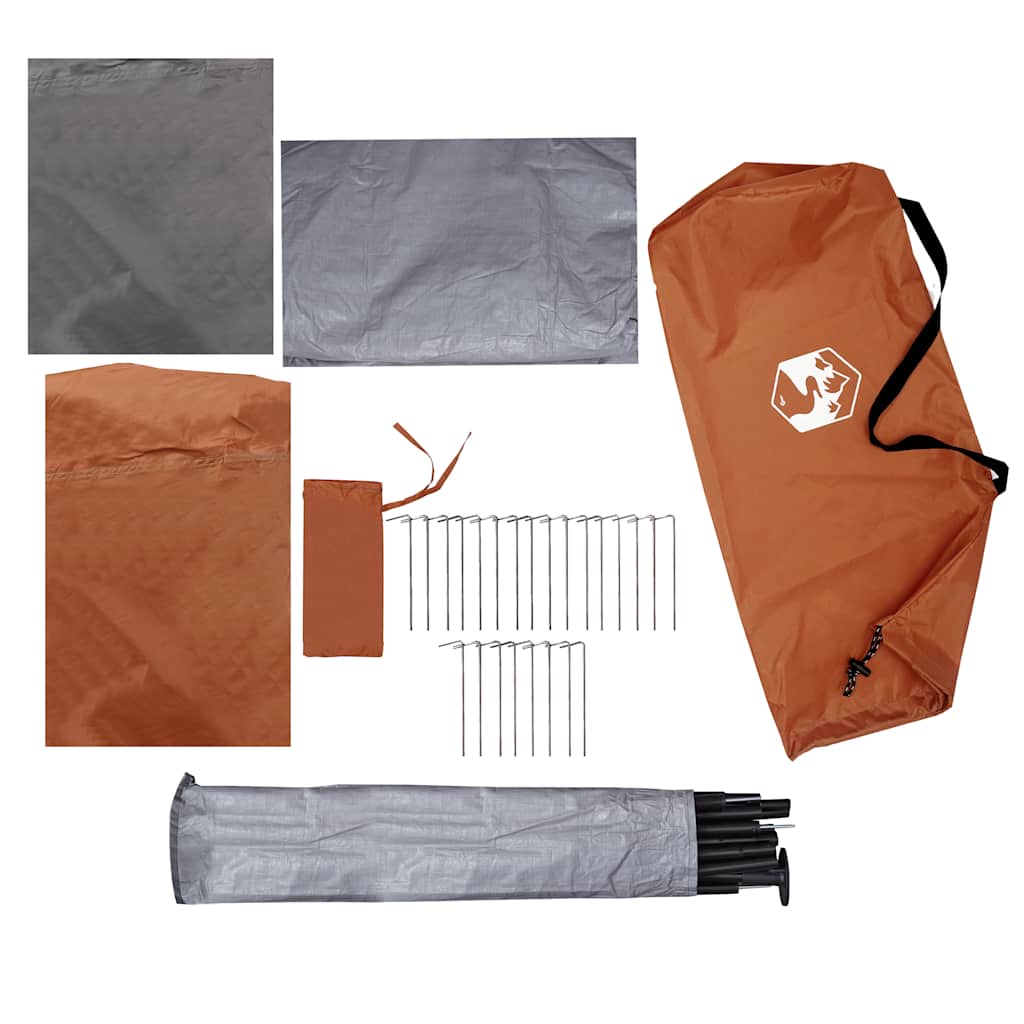 Detail van de grijze en oranje tentonderdelen van vidaXL, inclusief haringen en draagtas.