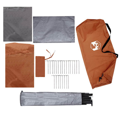 Detail van de grijze en oranje tentonderdelen van vidaXL, inclusief haringen en draagtas.