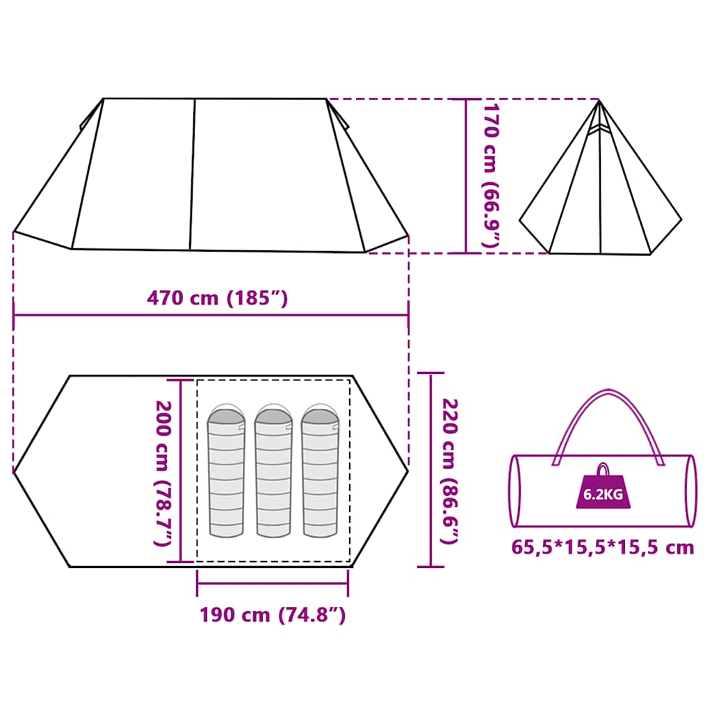 Detailweergave van de afmetingen en opbergmogelijkheden van de vidaXL 3-persoons tent.