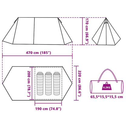 Detailweergave van de afmetingen en opbergmogelijkheden van de vidaXL 3-persoons tent.
