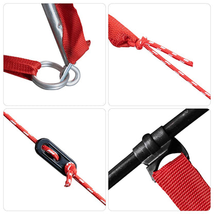Detail van de bevestigingspunten en stiksels van de vidaXL partytent in wit en rood.