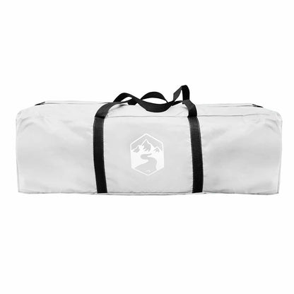 Witte vidaXL partytent met zwarte handvatten, opgevouwen in draagtas.