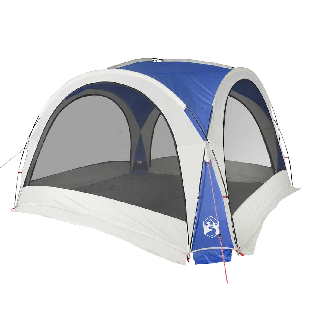 Detail van de vidaXL partytent met blauwe bovenkant en gaaswanden voor ventilatie.