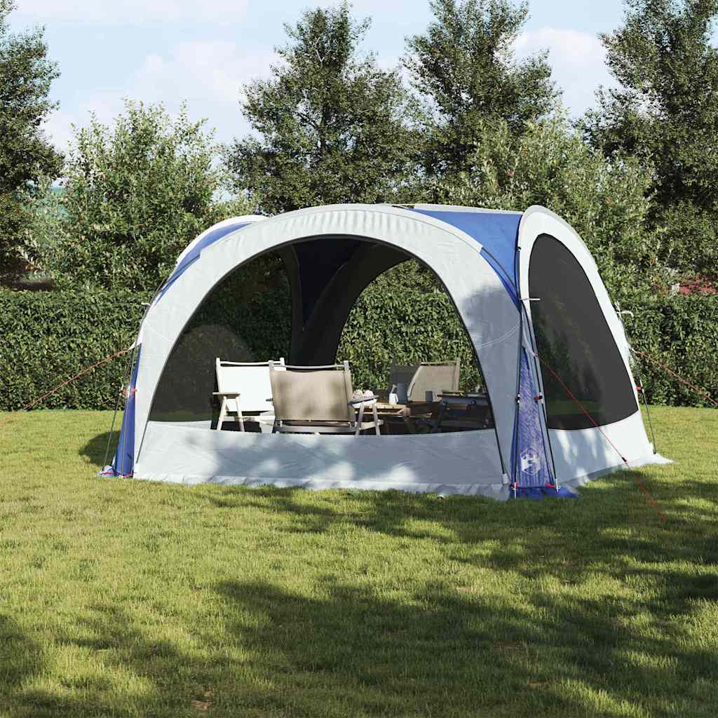 Detail van de vidaXL partytent met gaaswanden en blauwe bovenkant in een groene tuin.