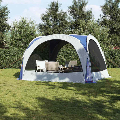 Detail van de vidaXL partytent met gaaswanden en blauwe bovenkant in een groene tuin.
