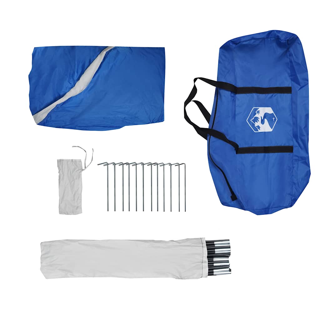 Detail van de blauwe vidaXL partytent met opbergtas, stokken en haringen.