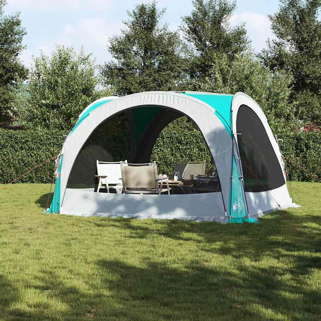 Detail van de vidaXL waterdichte partytent in groen met gaaswanden, op een grasveld.