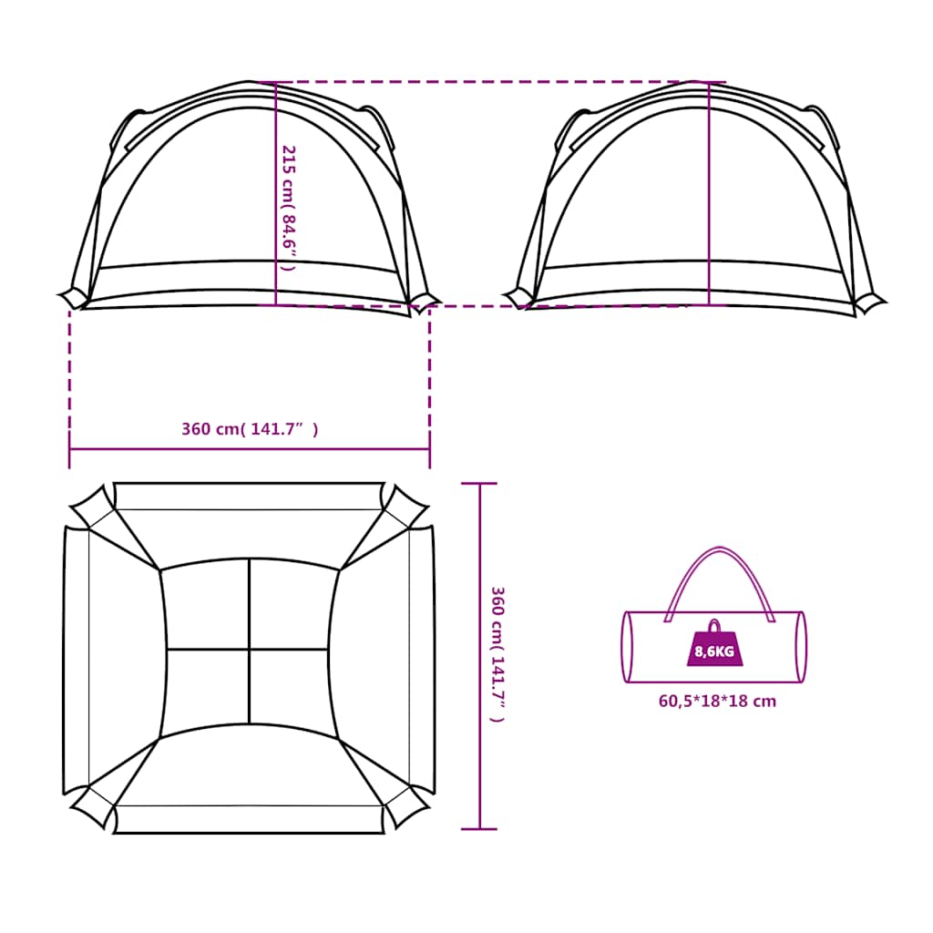 Technische tekening van de vidaXL waterdichte groene partytent met afmetingen en opberginformatie.