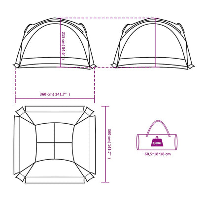 Technische tekening van de vidaXL waterdichte groene partytent met afmetingen en opberginformatie.