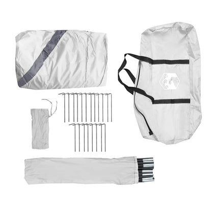 Accessoires van de vidaXL waterdichte partytent, inclusief stokken en haringen in een opbergtas.