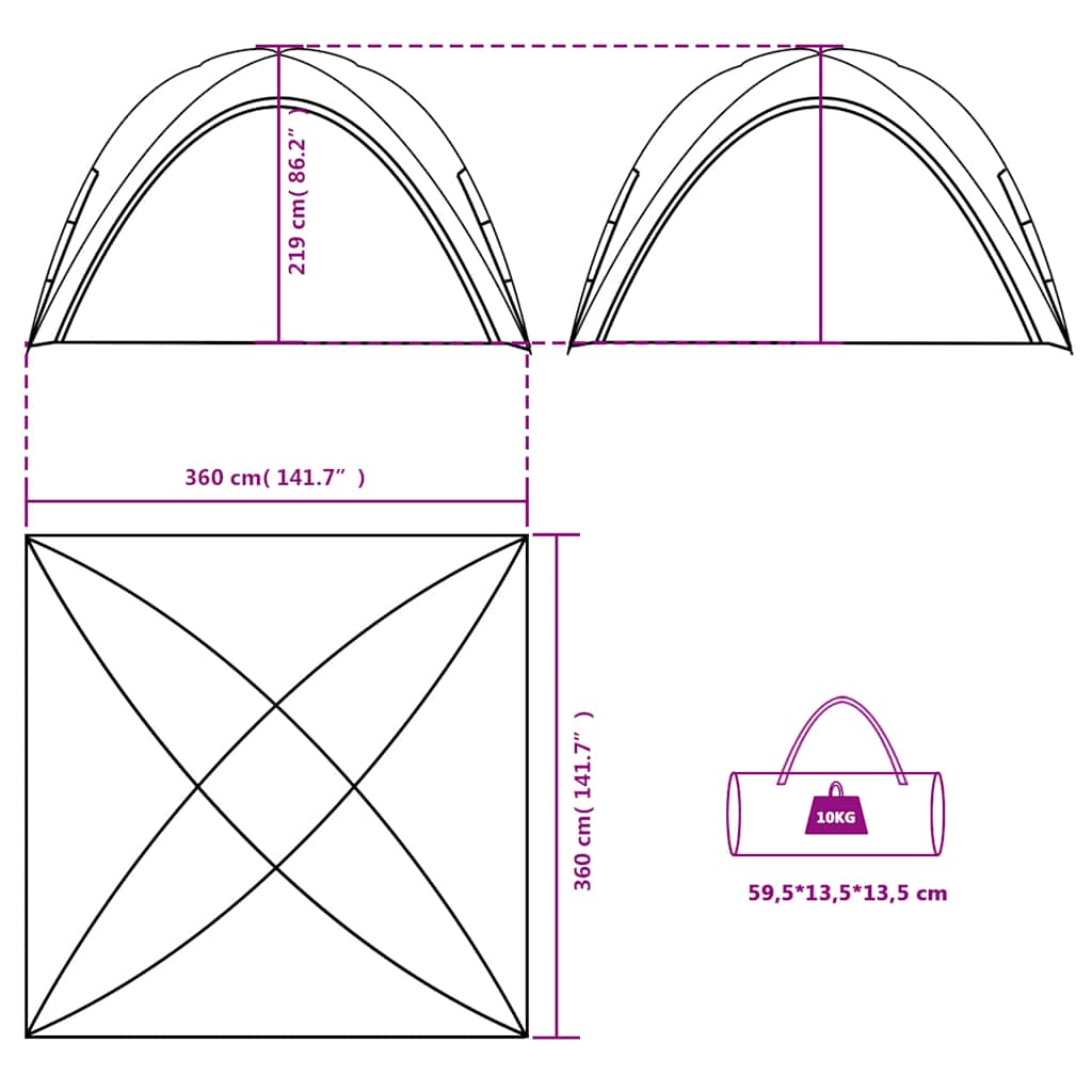 Detail van de afmetingen en opbouw van de vidaXL waterdichte partytent in blauw.